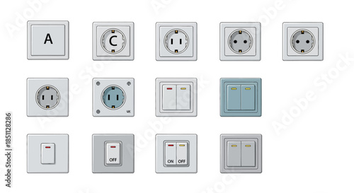 A comprehensive collection of various electrical wall sockets and light switches in different designs and colors, showcasing diverse types for home and industrial use.