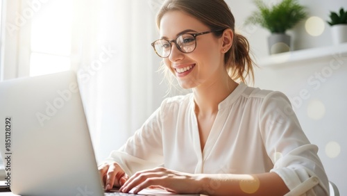 Smiling woman works on a laptop at home; sunlit, wearing glasses