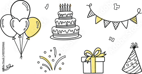 Hand-drawn vector illustration featuring birthday elements like cakes, balloons, party hats, gifts, and confetti for festive celebrations.