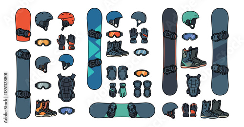 Snowboarding gear and protection safety equipment collection