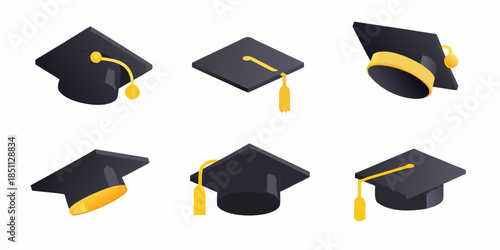 A collection of black graduation caps with golden tassels displayed in a grid