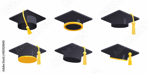 A collection of graduation caps with golden tassels and rings displayed