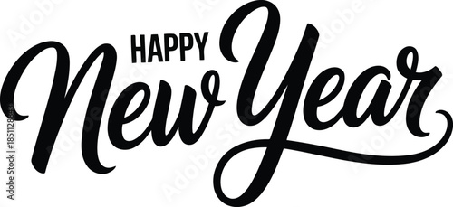 Bold black calligraphic script spells Happy New Year on a clean white surface