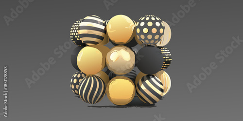 A clustered arrangement of decorative golden and black patterned spherical objects