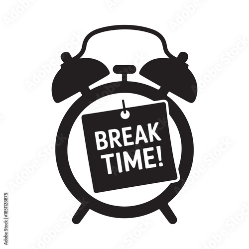 A simple black and white illustration of an alarm clock displaying break time