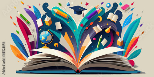 An explosion of learning books pencils and graduation caps represent education