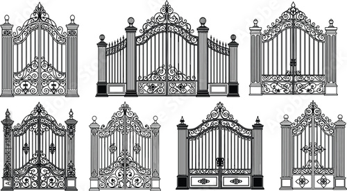 Black and white vector illustration of ornate wrought iron gates with floral, scrollwork, and geometric patterns for architectural design content.