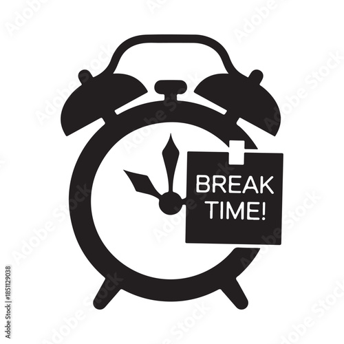 Black silhouette of an alarm clock displaying a break time message