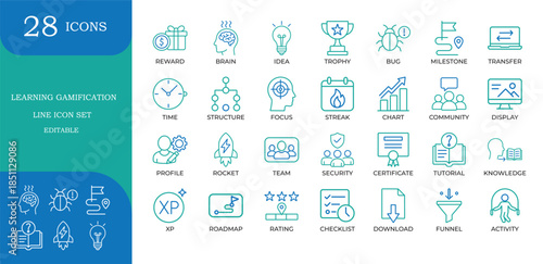 Learning Gamification Line Icons. Featuring trophy, XP, rocket, reward, and roadmap symbols. Editable vector for e-learning apps, LMS platforms, and educational marketing