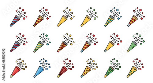 A collection of colorful party poppers bursting with confetti and streamers, celebrating festive occasions and joyful events.