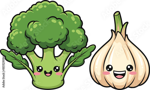 Cute broccoli and garlic cartoon characters vector illustration in kawaii flat style for healthy food kids designs and playful branding