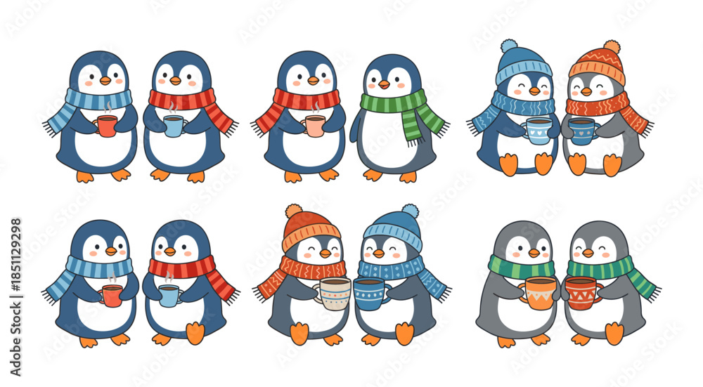 Fototapeta premium Cute cartoon penguins wearing scarves and hats holding hot chocolate mugs