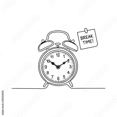 A simple line drawing of an alarm clock with a break time note