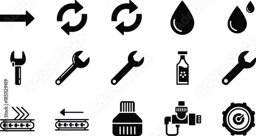 Water and plumbing solid icon set with leak, repair, drop-themed icons, faucet, wrench, pipe, shower, plunger, valve, and maintenance symbols. Vector cartoon illustration