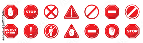 Set of red stop and prohibition signs with shadows