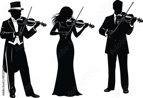 Black silhouette vector illustration of three violinists in formal attire performing classical music for concert, orchestra, and design content.