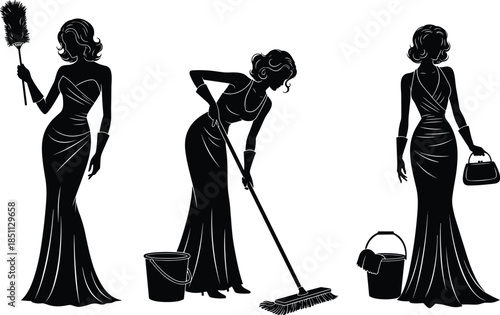 Black silhouette vector of elegant women in gowns performing cleaning tasks with feather duster, mop, bucket for design content.