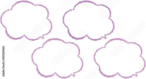 紫の少しずつ色が異なる吹き出しセット。雲の形のクレヨンで描かれたふきたし。かわいい手描き風。