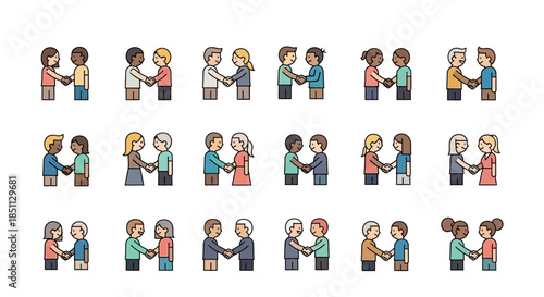 A collection of pixel art icons depicting diverse pairs of people shaking hands, symbolizing agreement, partnership, and greeting.