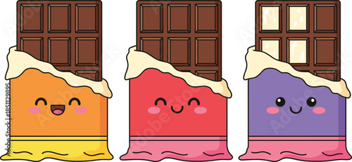 Cute chocolate bar cartoon characters set vector illustration with smiling faces in flat kawaii style for sweets packaging kids designs and fun branding