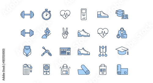 Collection of fitness and education related icons on white background