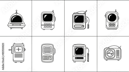 Retro futuristic old tv set and vintage sci-fi broadcast receiver outline vector icon art, old fashioned radio receiver and classic antenna tv line art illustration