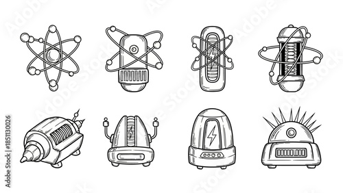 Retro futuristic energy core and vintage sci-fi power generator outline vector icon art, classic atomic reactor and antique energy cell line art illustration