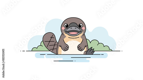 Adorable Cartoon Platypus Swimming in Water with Playful Expression.
