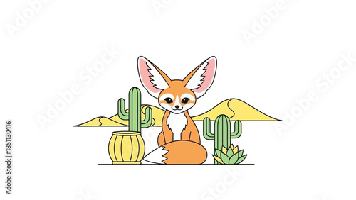 Adorable Fennec Fox Illustration in Desert Landscape with Cacti.