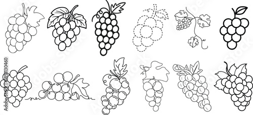 Collection of diverse black and white grape illustrations for coloring and design