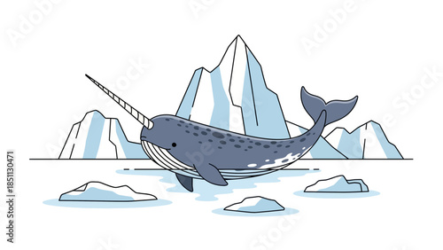 Narwhal in Arctic Waters A Cartoon Illustration of Marine Life.