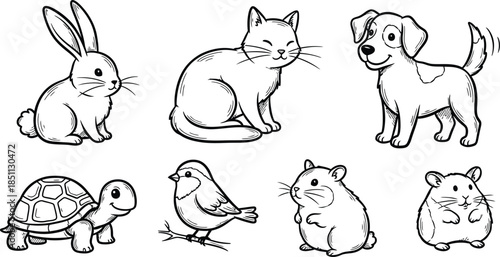 Collection of cute black and white cartoon cat icons in various poses and expressions