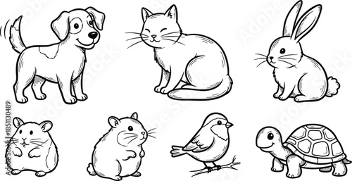 Collection of cute black and white cartoon cat icons in various poses and expressions