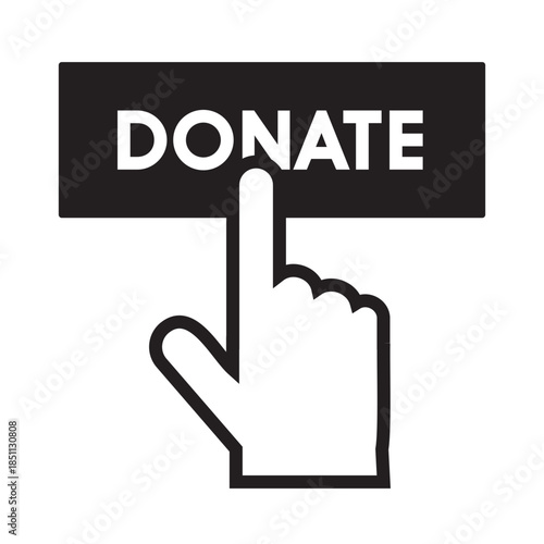 Outline style of a hand clicking a rectangular button with the word "DONATE" inscribed on it, representing a digital call to action of online giving. Related to online fundraising, charitable websites