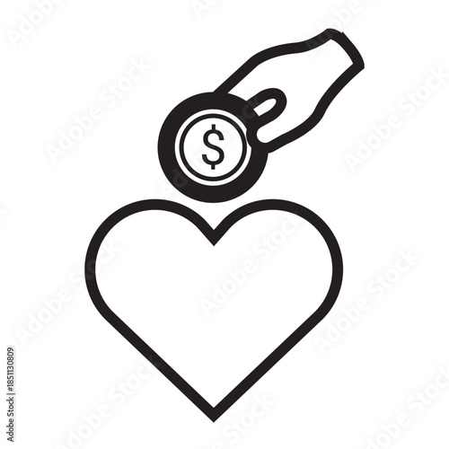 Outline style of a hand placing a coin into a heart, symbolizing the act of financial giving toward a charitable cause or the concept of investing in compassion. Related to philanthropy, fundraising