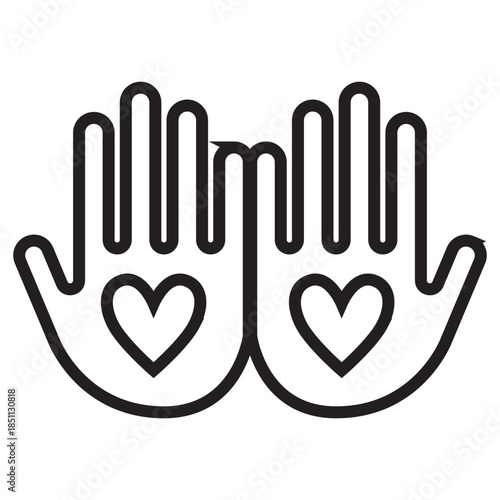 Outline style of two human hands held side-by-side with a heart centered on each palm, symbolizing deep compassion, abundance, and the act of giving. Related to volunteerism, humanitarian aid