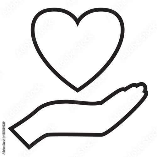 Outline style of a single hand held open beneath a large heart, symbolizing the act of offering, donating, sharing affection and care. Related to fundraising campaign, invitations, healthcare branding