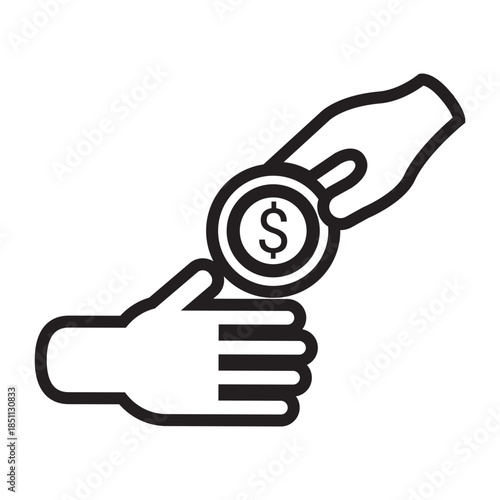 Outline style of one hand passing a coin with a dollar sign to another hand, representing financial aid, charity, or a monetary transaction. Related to philanthropy, tipping, social welfare, payments