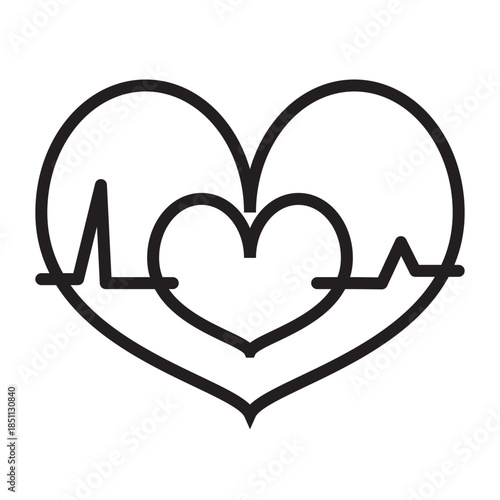 Outline style of a large heart containing a smaller heart and a heartbeat pulse line, representing cardiac health, vitality, and the rhythm of life. Related to medical care, wellness, emotional
