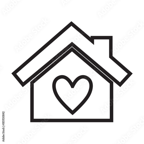 Outline style of a simple house silhouette with a heart symbol centered inside, representing domestic harmony, a happy family life, a welcoming home environment. Related to real estate, home insurance