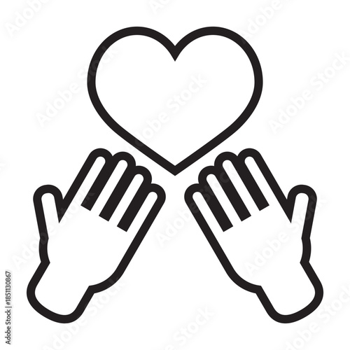 Outline style of two hands held open and upward toward a central heart, symbolizing a plea, hope, or spiritual request for affection and compassion. Related to charitable giving, romantic hope