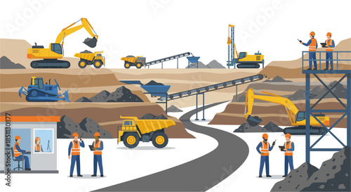Open pit mining operation with heavy machinery and workers