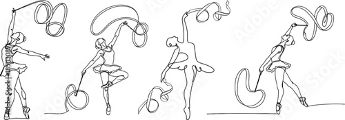 Graceful rhythmic gymnastics ribbon dance sequence captured in elegant black and white line art