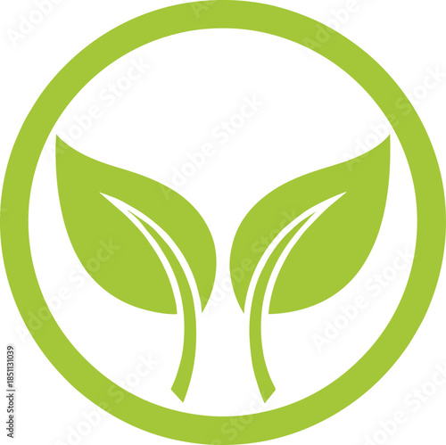 Green eco leaves logo vector illustration inside circular frame in flat minimal style for sustainability environmental organic branding and nature projects