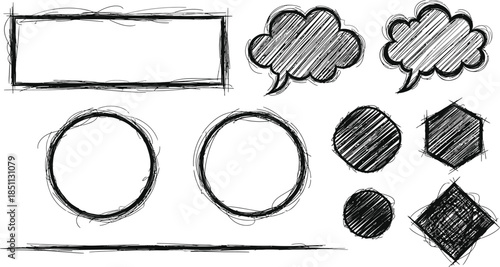Collection of hand drawn sketchy square circle and irregular frames on white background doodle drawing