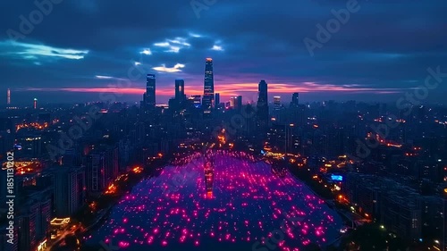 Aerial view of a modern city skyline at sunset with vibrant lights and dramatic clouds.