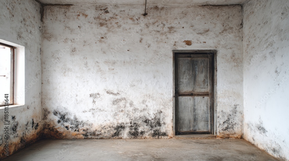 Fototapeta premium Interior view of an abandoned room featuring distressed white walls, a wooden doorway, and a small window.
