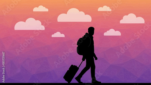 A lone traveler with luggage walks into the distance under a vibrant orange and purple sky with clouds
