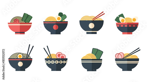 Collection of Traditional Asian Noodle Dishes with Bowls and Chopsticks