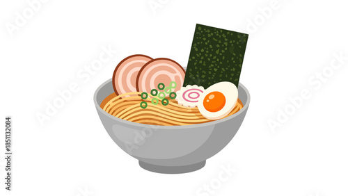 Delicious Asian ramen bowl with eggs seaweed and vegetables